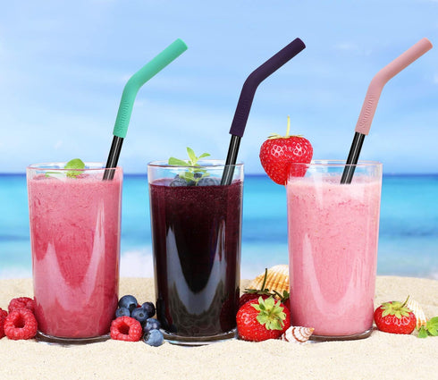 Senneny Set of 5 Stainless Steel Straws with 2 Cleaning Brushes, 1 Portable Bag, Silicone Flex Tips Elbows Cover