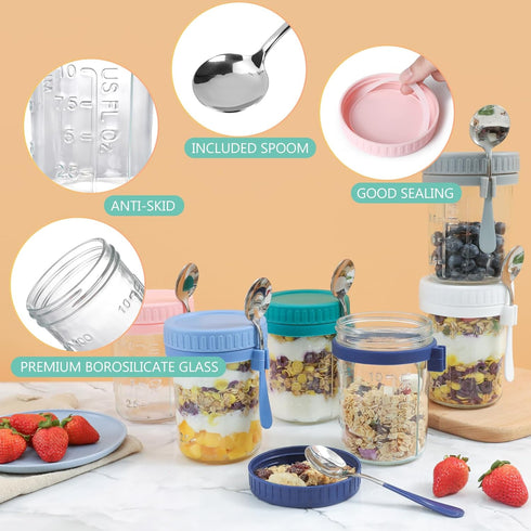 OcePor 6 Pack 16 OZ Overnight Oats Containers with Lids and Spoons, Glass Mason Overnight Oats Jars, Large Capacity