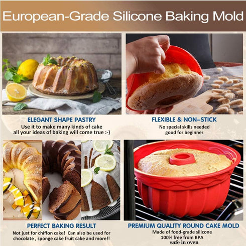 Silicone Fluted Bunte Cake Baking Pan, European-Grade LFGB Silicone Round Cake Mold, Non-Stick Cake Pan for Jello,