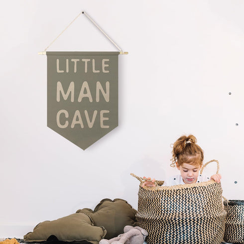 Qpenm Little Man Cave Hanging Wall Canvas Banner, Kids Playroom Hanging Pennant Flag Prints, Nursery Boy Wall Decor
