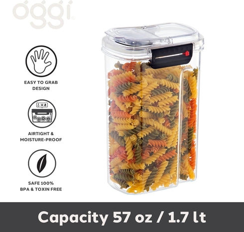 OGGI Easi Grip 57oz Moisture Proof Storage Container, Ultra Clear BPA-Free Sealable Canister, Flip Open Pouring Lid, Date Reminder Slider on Clip, Ideal Cereal Dispenser (57oz / 1.7lt)