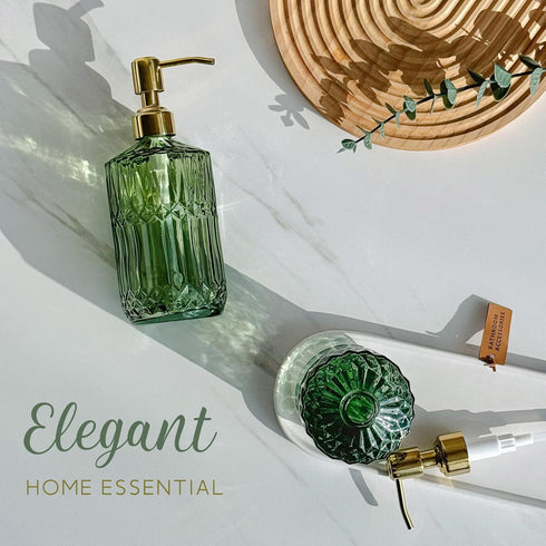 2Pack 18Oz JASAI Green Glass Soap Dispenser with Gold Rust Proof Pump, Refillable Dish Soap Dispenser for Kitchen