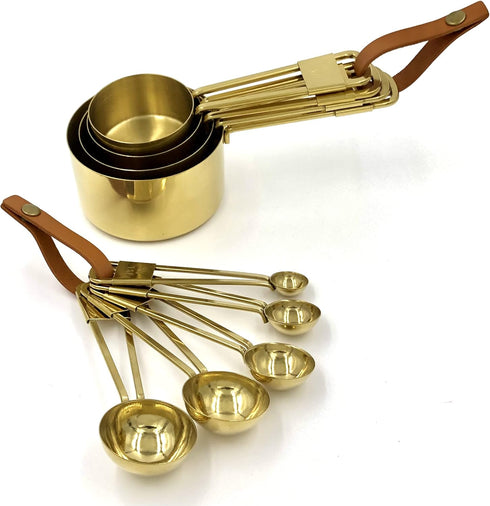 XINLI Measuring Cups and Spoons Set, Stainless Steel with Durable Copper Plating, Plus Brown Leather Buckle