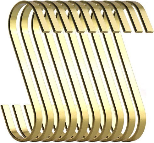 12-Pack 4.5 Inch Gold Chrome Finish Steel Hanging Flat Hooks - Heavy-Duty S Hooks for Kitchenware, Pots, and Gardening
