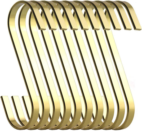 12-Pack 4.5 Inch Gold Chrome Finish Steel Hanging Flat Hooks - Heavy-Duty S Hooks for Kitchenware, Pots, and Gardening