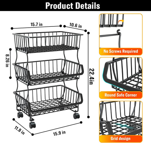 3-Tier (1 Pack) Gsiekare Rolling Pantry Organizer and Storage Cart with Wheels Stackable Wire Snack Cart for Kitchen