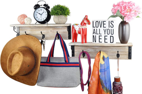 Spiretro Wall-Mounted Coat Hook Rack with Shelf - Set of 2, Rustic Wood Grey Organizer
