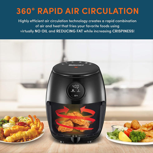 Elite Gourmet EAF-2612DX Personal 2.1Qt Compact Programmable Hot Air Fryer, Oil-Less Healthy Cooker, 1000W, Black
