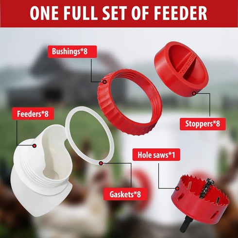 8PACK No Waste Chicken Feeder Ports - DIY Chicken Feeder Kit with Hole Saw - Chicken Feeder Cups