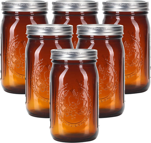 eleganttime 32 oz Amber Glass Mason Jars Wide Mouth with Airtight Lids and Bands, 6 Pack for Canning, Pickle, Fermenting