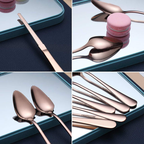 HOMQUEN Rose Gold Grapefruit Spoons Set, 3 Pieces, 2 Stainless Steel Spoons and 1 Knife with Titanium Plating