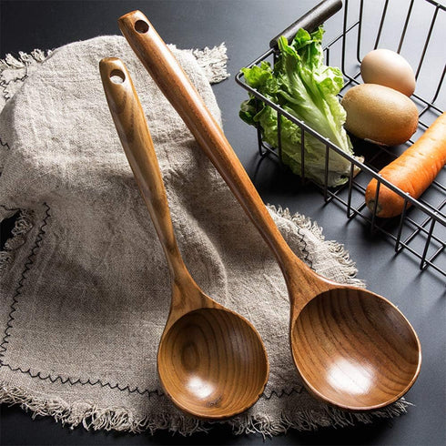 2 Pcs Wooden Spoon Ladle for Cooking, Non Toxic Kitchen Tools, 14 inch Long & 11 inch Large Deep Ladle Set