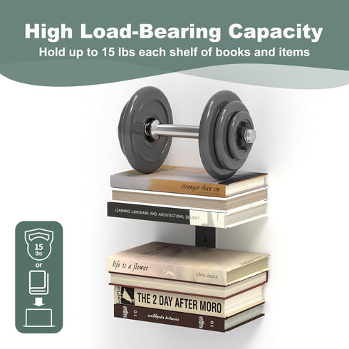 4 2 Pack(Black) Mefirt Invisible Floating Bookshelves for Wall, Tier Vertical Spine Book Tower, Heavy Duty Floating
