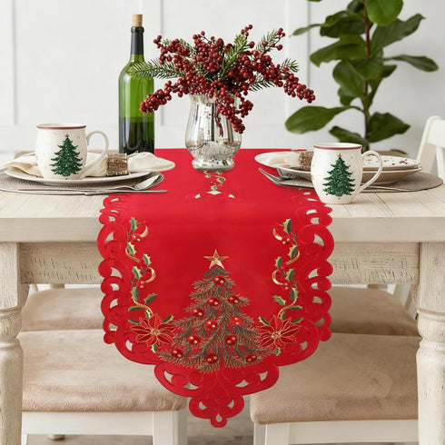 Jovialix 72 Inches Poinsettia,Holiday Red Christmas Table Runner Long with Embroidered Tree and Cutwork Linen