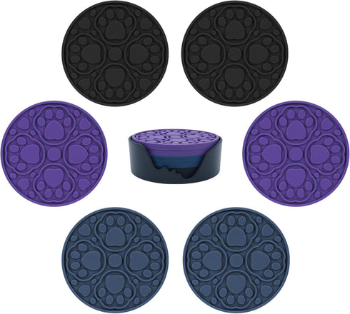 4 Inch Round Silicone Coasters Set of 6 (Black, Blue, Purple), Non-Slip