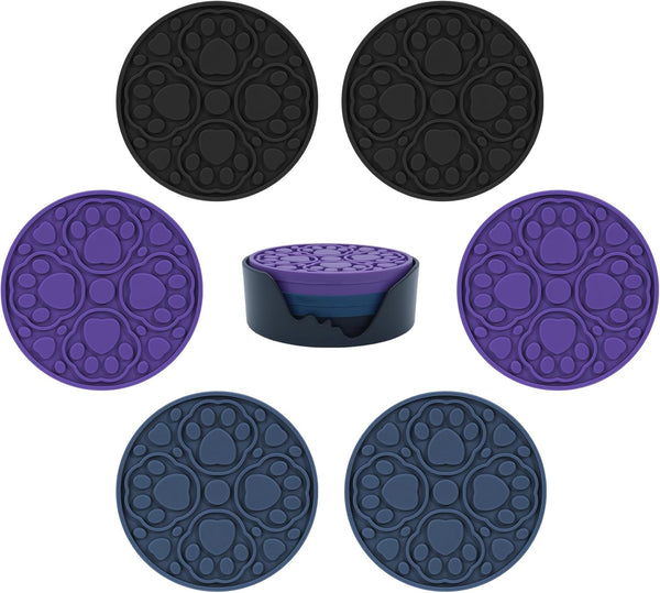 4 Inch Round Silicone Coasters Set of 6 (Black, Blue, Purple), Non-Slip