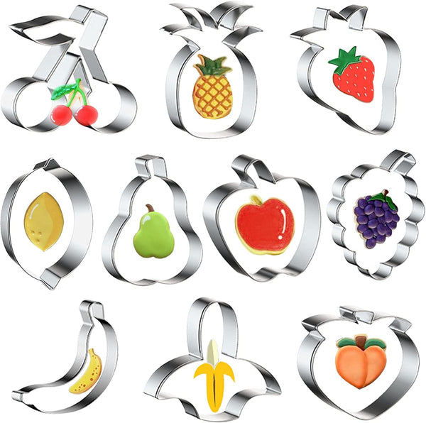 10PCS Stainless Steel Fruit Cookie Cutters Set, Molds for Pineapple, Strawberry, Pear, Lemon, Apple, Grape, Peach,