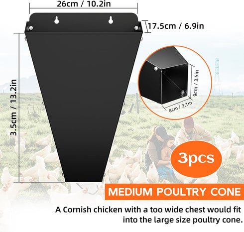 3 Packs 10 lbs (3 Pack- Medium Size Chicken Cone, Heavy Duty Metal Poultry Restraining Cone with Flat Back Design