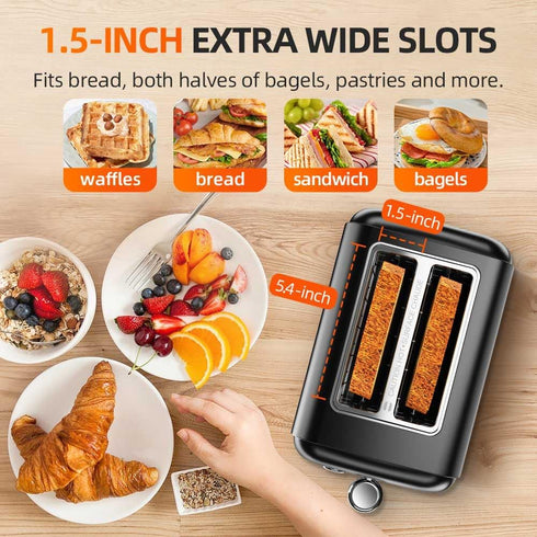 Black 2 Slice Toaster, Extra Wide Slot for Bagels, 7 Shade Settings, Removable Crumb Tray