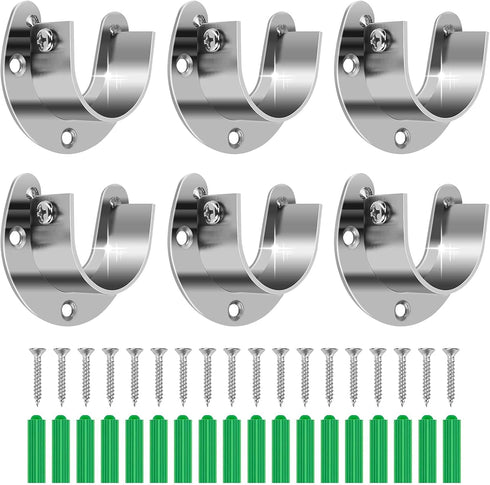 6-Pack Stainless Steel Closet Rod Brackets, U-Shaped Heavy Duty Flange Sockets for 1-1/4 Inch Rods, Rust-Proof Holders