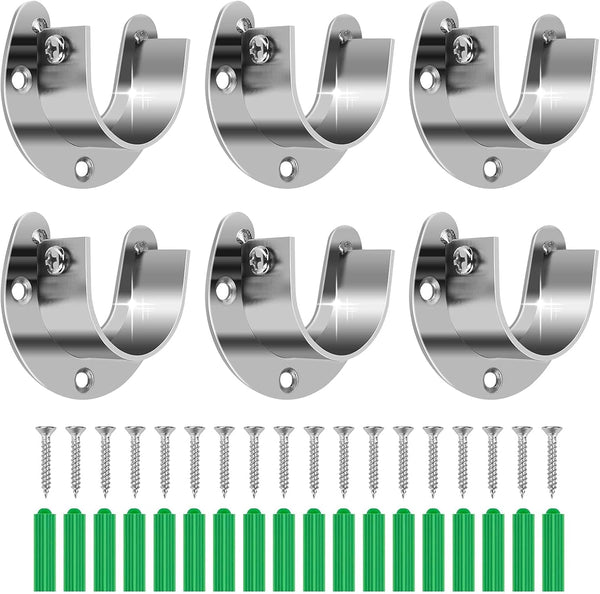 6-Pack Stainless Steel Closet Rod Brackets, U-Shaped Heavy Duty Flange Sockets for 1-1/4 Inch Rods, Rust-Proof Holders