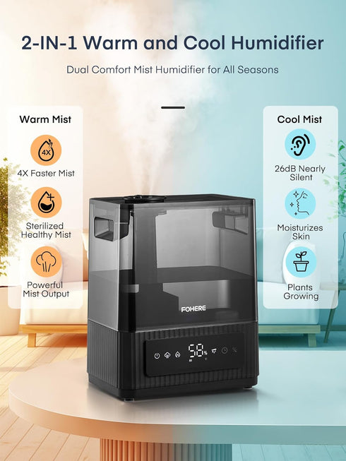 6L 60H 12H FOHERE Smart Humidifiers for Bedroom, Warm and Cool Mist Quiet Humidifier with Runtime, Humidity Control