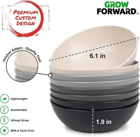 Grow Forward Premium Wheat Straw Bowls Set of 8 - Reusable 20oz Hard Plastic Bowls for Kitchen, Camping, Ramen,