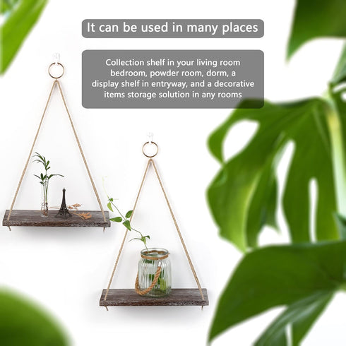 MITIME Hanging Shelves - Set of 2 Indoor Plant Shelf & Wall Hanging, Boho Style Floating Shelves