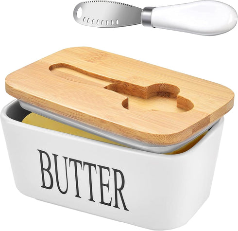 Large Butter Dish with Lid, Ceramic Container for Countertop with Knife Holder and Double Silicone Seals