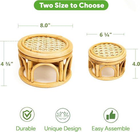 Set 2 of Small Boho Rattan Wicker Round Riser Plant Stand Indoor,Rustic Farmhouse Natural Wooden Circle Pedestal