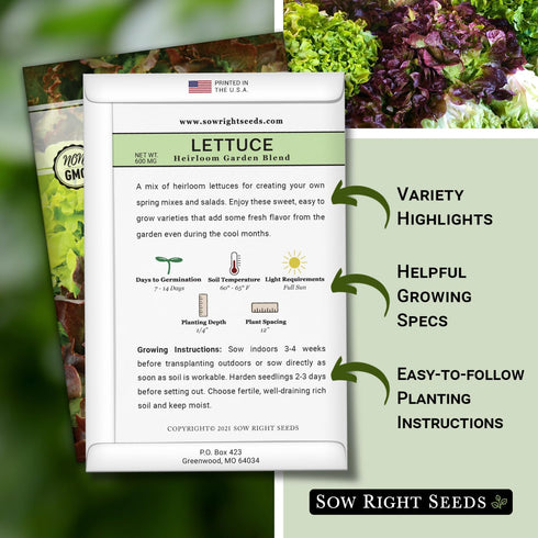 Packet (1) Sow Right Seeds - Mixed Heirloom Lettuce Seeds for Planting - Non-GMO Heirloom with Instructions to Plant