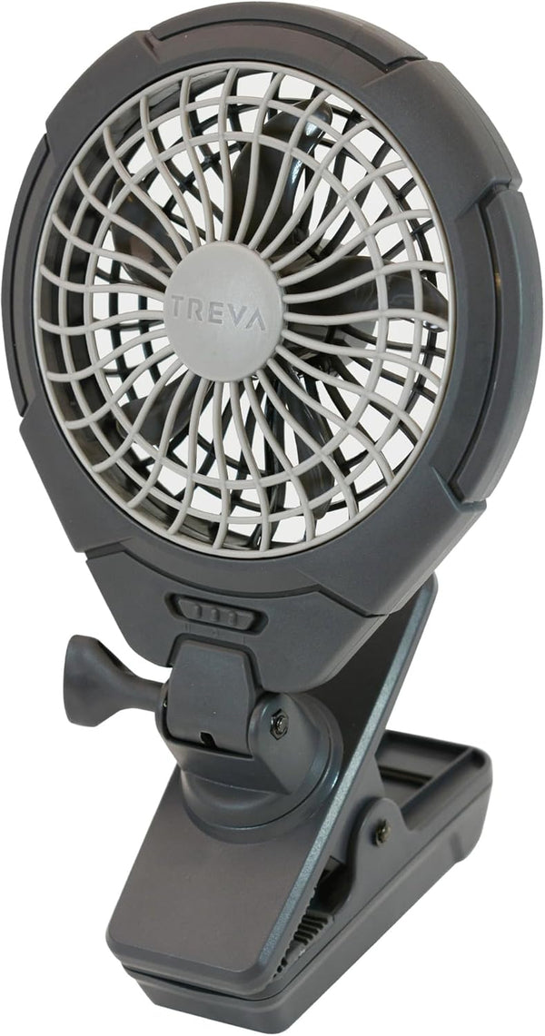 Treva 5 Inch Two Speed Battery & USB Powered Clip On Fan, Slim and Portable, Gray