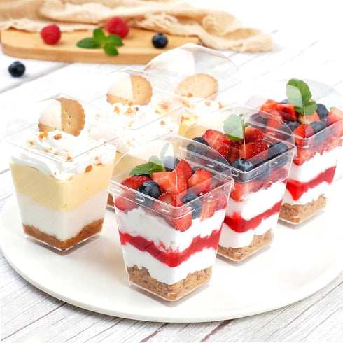 25 Pack 5 oz Zezzxu Dessert Cups with Dome Lids and Spoons, Plastic Pudding Cups with Lids Mini Parfait Shooter Cups