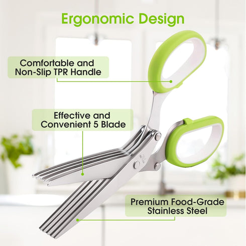 Herb Scissors with 5 Blades and Cover - Multipurpose Kitchen Shears for Cutting and Stripping, Green