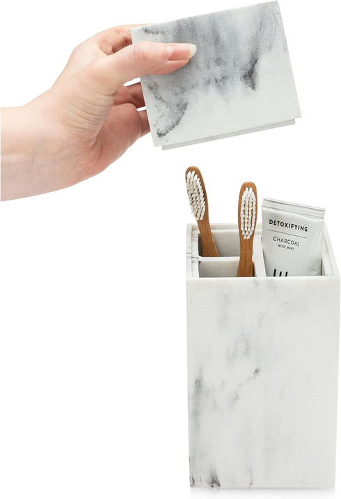 Essentra Home Toothbrush Holder with Lid, Elegant White Marble Bathroom Toothbrush & Toothpaste Organizer Blanc