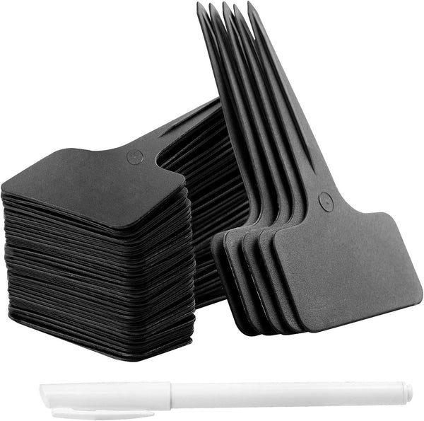Whaline 100 Pcs Black T-Type Plastic Plant Labels, Waterproof Garden Stake Tags with White Marker Pen