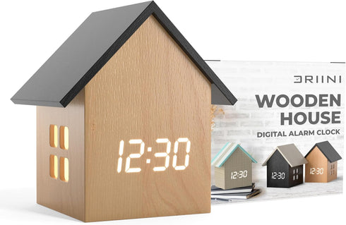 Driini Digital House-Shaped Alarm Clock with Temperature Display (Light Wood) Modern Aesthetic