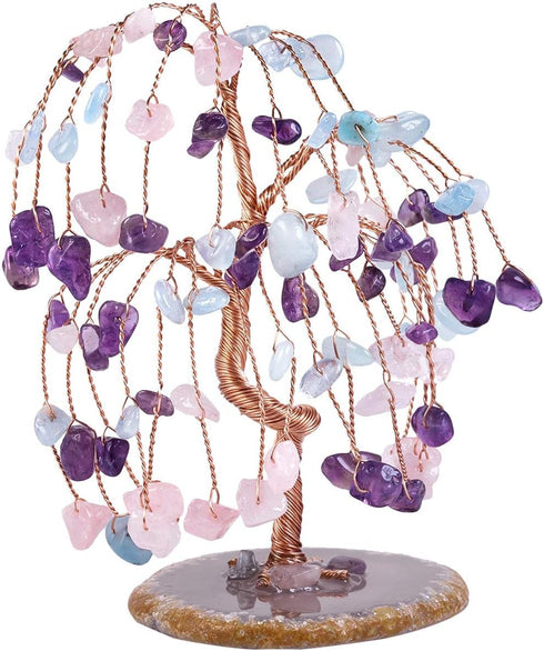 SUNYIK Handmade Crystal Money Tree Set - Amethyst/Rose Quartz/Aquamarine on Natural Agate Slice Base for Wealth and Luck