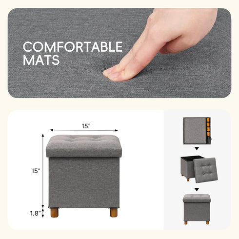 15" 15" 15"Grey PINPLUS Storage Ottoman Cube, White Linen Footrest with Wooden Legs, Foldable Fabric Footrest
