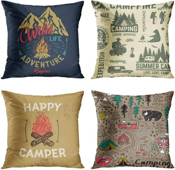 Emvency Set of 4 Throw Pillow Covers, Camp with Mountain Campfire and Forest Adventure Vintage Decorative Pillowcases