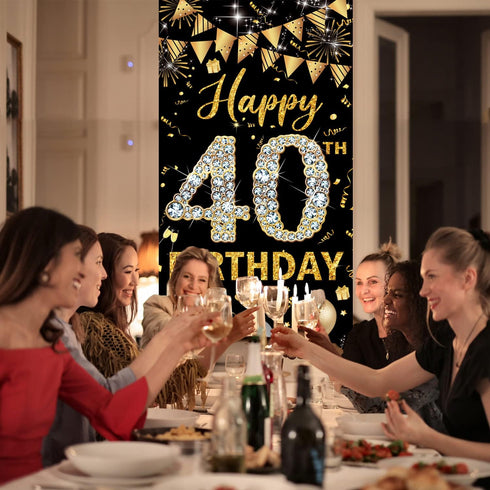 40th Birthday Decorations Door Banner, Black Gold Happy 40th Birthday Sign Poster Decor, 6.1ft x 3ft Fabric Backdrop
