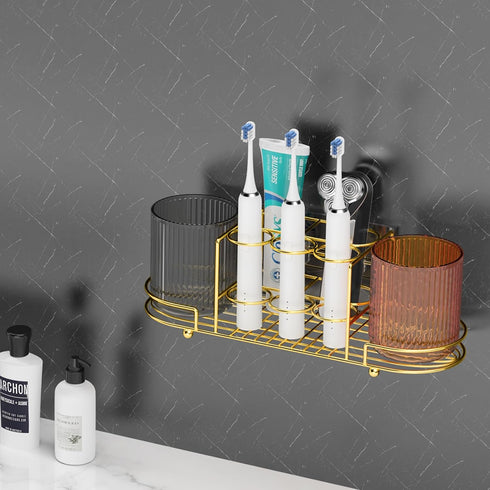 2 Toothbrush Holders with Cup - Wall Mount Electric Toothbrush Holder Gold Stainless Steel Electric Razor Holder