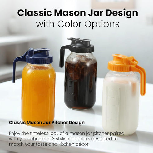 Veri Beond 64oz Outside,2 Lid,1/2 Mason Jar Pitcher - Airtight & Leakproof Glass Pitchers with Handle and Lid, Perfect