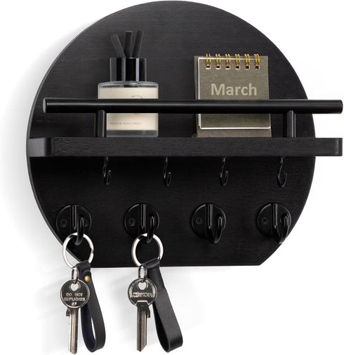Key Holder for Wall, 9.8 Inch Apartment Decor with Shelf and 8 Key Hooks, Black Wood Hanger