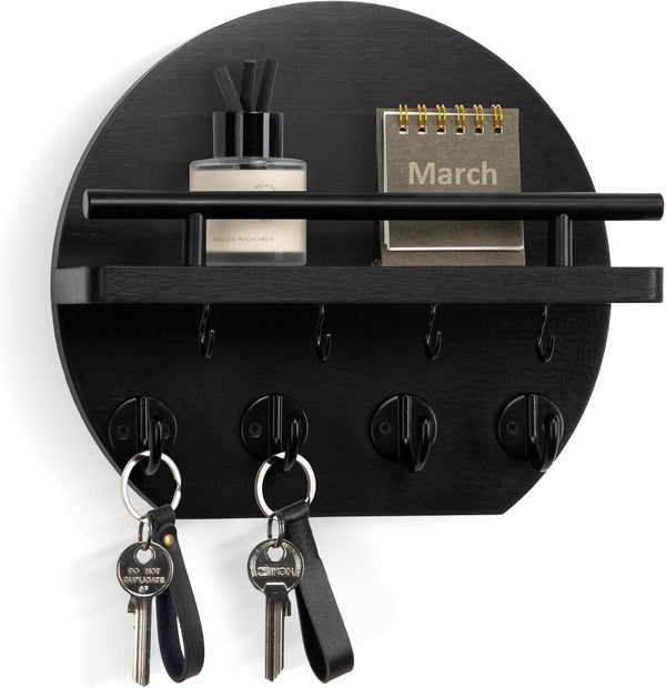 Key Holder for Wall, 9.8 Inch Apartment Decor with Shelf and 8 Key Hooks, Black Wood Hanger