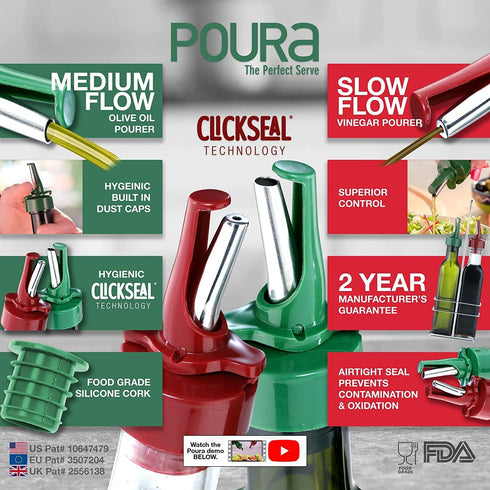 Set 250ml Poura Vinegar and Olive Oil Bottle Drizzler with ClickSeal BPA Free Pour Spouts | Glass Oil & Vinegar