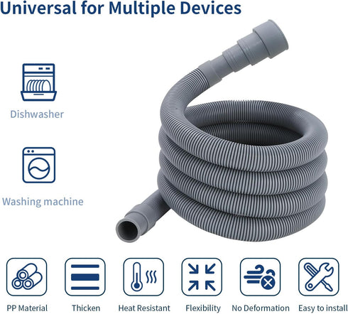 10 FT Washing Machine Drain Hose, Flexible Dishwasher Drain Hose Extension Kit, Universal Washer Drain Hose, Corrugated Washer Hose with 1 Adapter, 2 Hose Clamps, 1 U-Bend Hose Holder