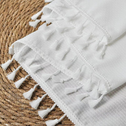 Boho Tassel White Valances for Windows, Semi Sheer Kitchen Valance, Bedroom Bathroom Small Window Cafe Curtains, 54x15