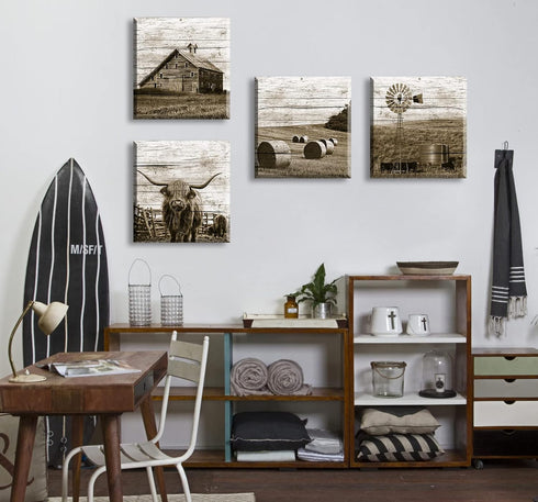 DJSYLIFE Highland Cow Wall Art - Rustic Farmhouse Canvas Poster for Men's Bedroom Office - 12" Wx12 Hx4