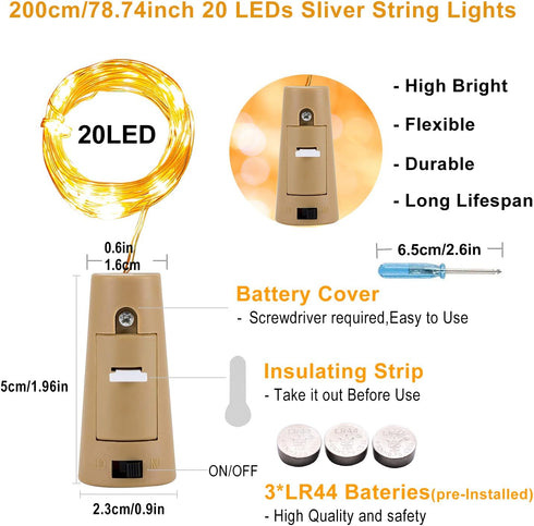16 Pack 20LED VOOKRY Wine Bottle Lights with Cork, Fairy Lights Battery Operated Mini Copper Wire Cork Lights